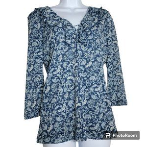 Chaps Blouse, Women's LG, Blue Floral Abstract w/Waterfall Ruffle Collar,   EUC